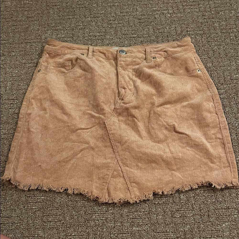 Love Tree Tan Corduroy Frayed-Hem Mini Skirt